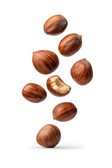 Fototapeta premium Floating pieces of roasted chestnuts, isolated on white background 