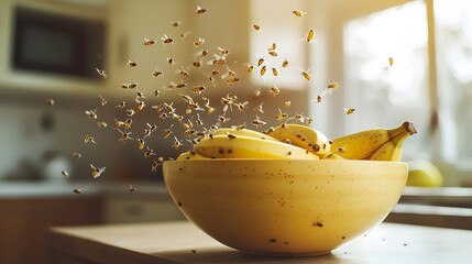 Swarming Gnats Around Overripe Fruit in Kitchen Setting Pest Concept with Copy Space