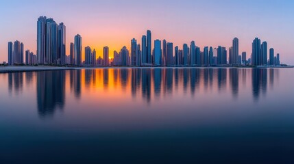 Obraz premium Modern City Skyline at Sunset with Water Reflection