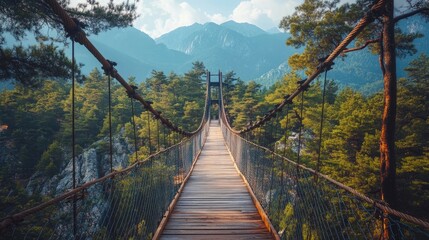 Obraz premium Wooden suspension bridge set against a mountainous backdrop, offering a striking visual of natures beauty. Ideal for highlighting outdoor adventures with ample copy space.