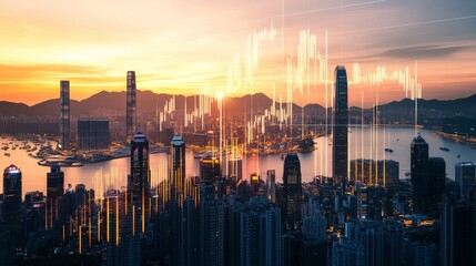 Fototapeta premium Hong Kong Skyline with Financial Data Overlay at Sunset