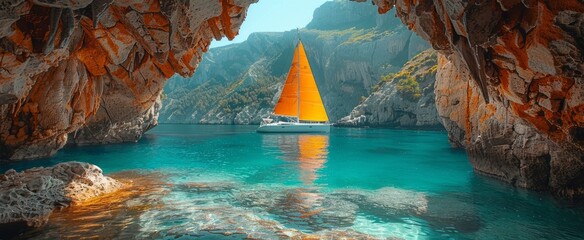 A sailboat with an orange sail navigates smoothly through turquoise waters, framed by rocky cliffs and vibrant greenery