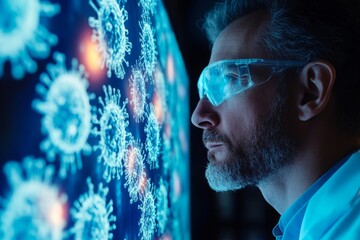 Scientist analyzing virus data on computer screen