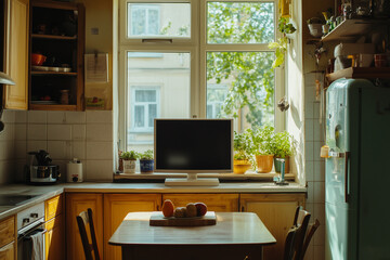 Cozy home kitchen interior with dining table and TV on the wall