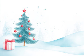 Fototapeta premium serene watercolor abstract Christmas background featuring decorated tree with ornaments and gift box. Perfect for holiday themed designs and festive projects