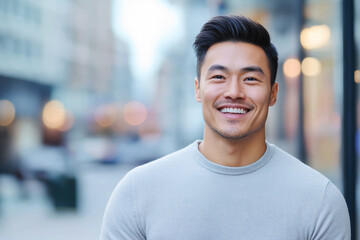 A young man with a cheerful smile stands outdoors on a city street, expressing confidence and positivity. Bright and casual portrait.