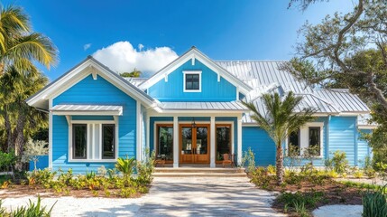 A charming blue and white home with a metal roof and a palm tree in the front yard, reminiscent of a coastal getaway.