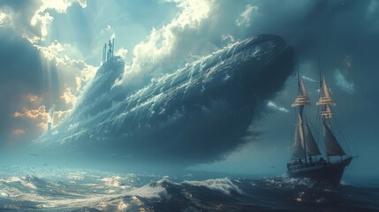 Obraz premium A sailing ship navigates choppy ocean waters under a giant submarine cloud, with a bright sky above