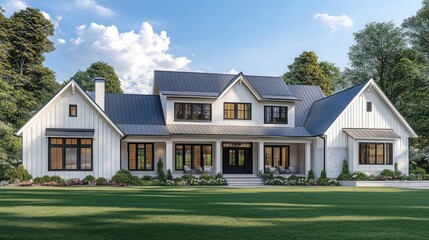 A modern farmhouse with a white exterior and a dark gray roof. The home has large windows and a covered porch.