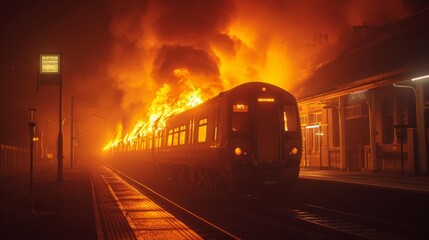 The train consumed by fire, a malevolent force of nature unleashed upon the unsuspecting station, a tragedy of epic proportions that blazes a path of destruction through the very heart of civilization
