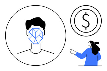 Stylized drawing showing a person with facial recognition grid, large dollar symbol, pointing woman. Ideal for digital identity verification, biometric security, fintech, online transactions, modern