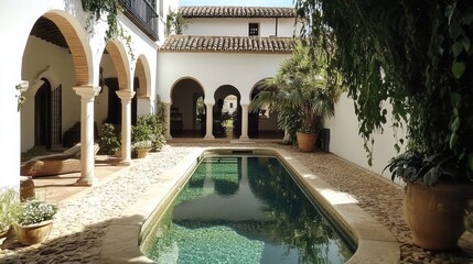A tranquil courtyard with a sparkling pool, surrounded by white walls and lush greenery. The arches and columns create a sense of grandeur and serenity.