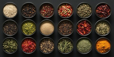 A selection of different spices and chilies arranged in bowls showcases a variety of flavors and colors. This diverse assembly highlights numerous spices and chilies.