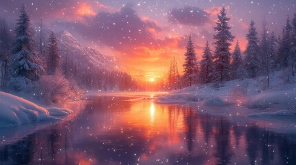 majestic snowy mountain landscape reflecting the colors of a brilliant sunrise on a serene lake, encapsulating the beauty of nature in a breathtaking moment