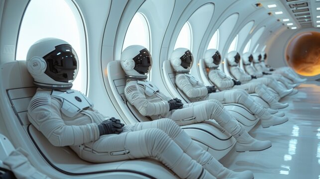 A group of astronauts sits calmly in a high-tech space shuttle, ready for an interstellar journey. The crew members are clad in sleek white suits, surrounded by large windows