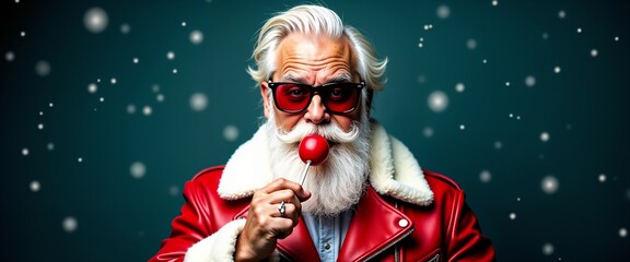 Hip Santa Claus wearing sunglasses and a red leather jacket, enjoying a lollipop amidst falling...