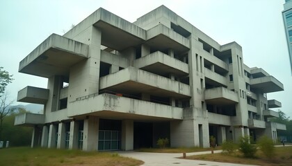 A large, brutalist-style concrete building with a unique, geometric design featuring multiple levels and overhanging balconies. The building appears to be situated in an urban environment.