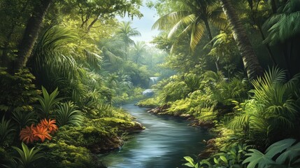 Stunning tropical landscape with vibrant greenery and a meandering river, perfect for capturing the essence of nature. The tropical landscape invites exploration, offering ample photo space.