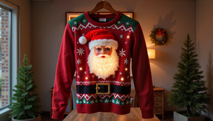 Obraz premium Red Santa Claus Sweater with 3D Beard and Light-Up Details