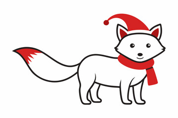  Vector Outline of A cute Arctic Fox wearing a Santa clause hat and scarf on white background.