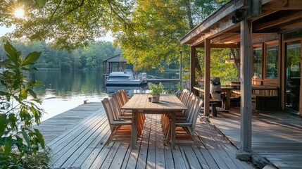 Obraz premium A wooden table and chairs sit on a deck overlooking a tranquil lake. The sun shines through the trees in the background.