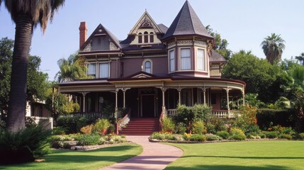 Obraz premium A grand Victorian house with a wrap-around porch, surrounded by lush landscaping and palm trees.
