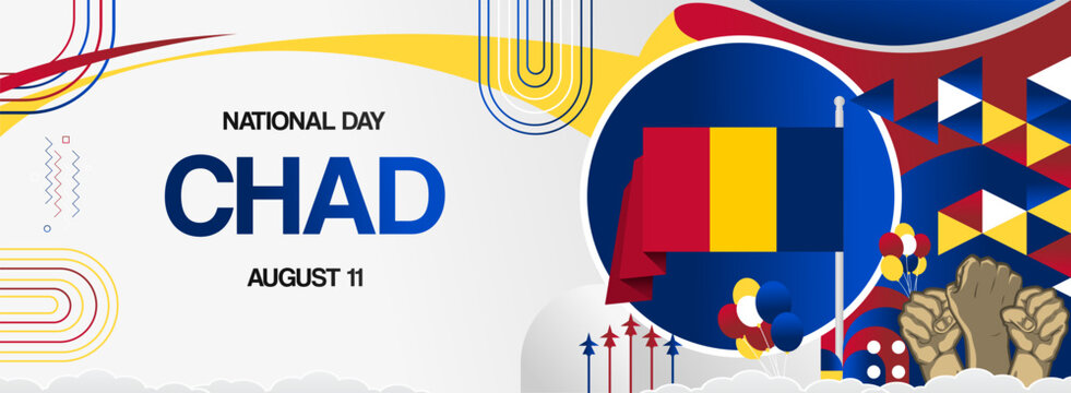Chad independence day festive banner. Vibrant modern templates for holiday celebration, greeting card, billboard, and sport event backdrops. August 11th. Happy national day of Chad