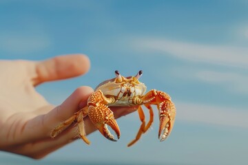 Hermit crab being pet with blue sky background High quality video of closeup animal