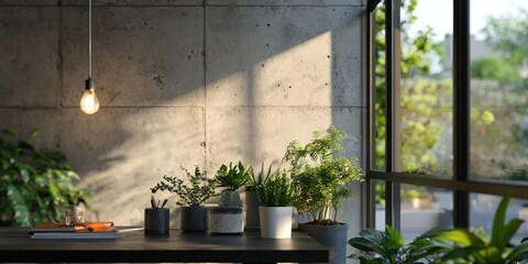 Loft style interior showcases industrial aspects. The industrial window design complements modern loft decor that includes a concrete wall, floor, indoor plants, black table, and hanging lamp.