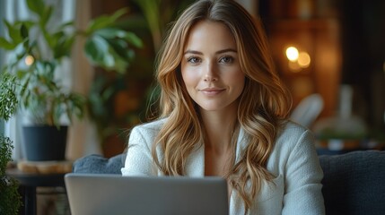 A woman sitting on a couch, working on a laptop in a cozy, well-lit environment.