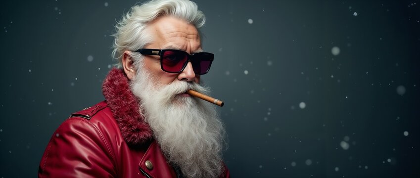 Stylish Santa Claus wearing a red leather jacket and sunglasses, exuding a modern and edgy vibe while smoking a cigar amidst falling snowflakes.

