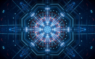 Abstract neon kaleidoscope pattern with glowing effects, 3d rendering.