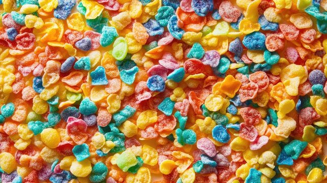 Fondant covered cake adorned with fruity pebbles creates a vibrant background, offering a sweet concept image complemented by cheerful birthday greetings. Ample copy space available.