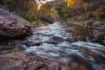 Oak Creek flows among volcanic boulders in fall at Banjo Bill picnic area near Sedona Arizona with sunset light reflecting on its surface