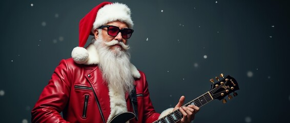 A stylish Santa Claus in a red leather jacket plays guitar, surrounded by falling snowflakes. The scene captures a mix of holiday tradition and modern cool.

