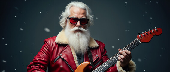 A stylish Santa Claus in a red leather jacket plays guitar, surrounded by falling snowflakes. The scene captures a mix of holiday tradition and modern cool.

