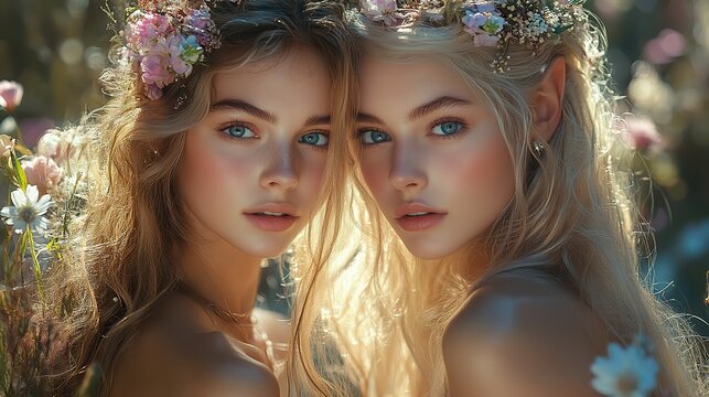 Two fairy princesses with long hair, dressed in elegant outfits, standing among flowers, representing medieval queens or beautiful elves in fantasy spring garden concept