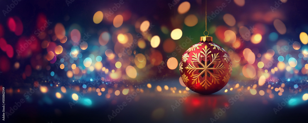 Poster A red Christmas ornament with a gold snowflake design sits on a table with a blurred background of colorful lights.