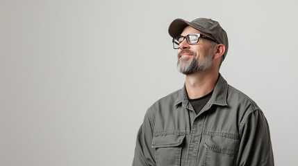 Obraz premium Positive emotions displayed by a hopeful handyman in glasses and a cap, gazing upward against a gray backdrop