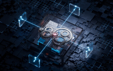 Gears with technological circuit background, 3d rendering.