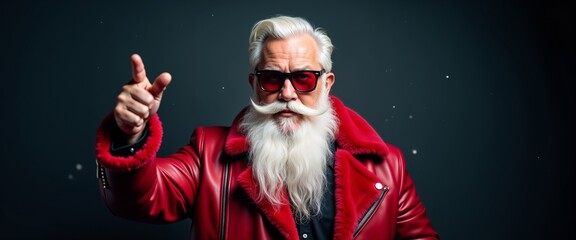 A stylish Santa Claus wearing a red jacket and sunglasses stands confidently against a snowy...