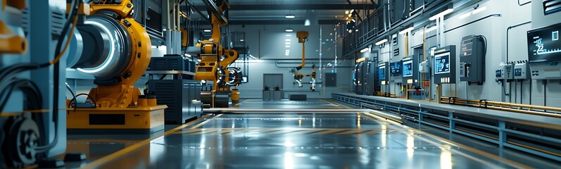 Fototapeta premium A high-tech industrial facility featuring robotic arms, advanced machinery, and a clean, organized environment for manufacturing processes.