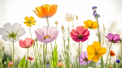 Fototapeta premium Colorful wildflowers in a field with a white background.