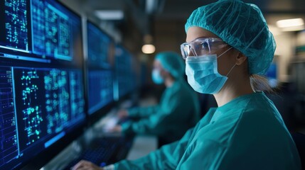 A healthcare professional in scrubs and protective gear analyzes data on multiple screens in a modern, tech-driven environment.