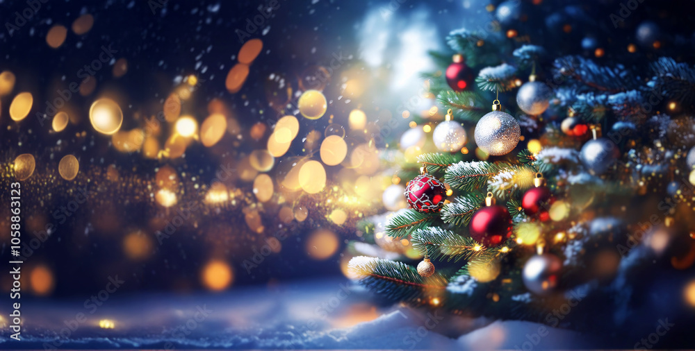 Poster a decorated christmas tree with red and gold ornaments stands in the snow with a blurry background o