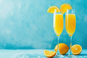 Summer mimosa cocktail with orange juice on light blue background for bar menu concept with space for text