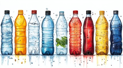 Various plastic water bottle designs are showcased in an illustrated icon set
