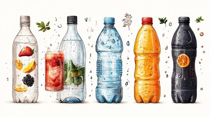 Various plastic water bottle designs are showcased in an illustrated icon set
