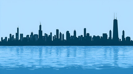 Fototapeta premium Silhouette of a city skyline over water.