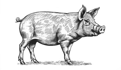 Fototapeta premium Pig, hog, boar. Vintage retro print, black white pig sketch ink pencil style drawing, linear drawing, engrave old school. Sketch artwork silhouette pig, hog, boar. Side view profile. Illustration